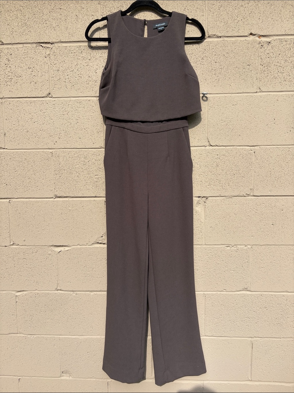 Gorgeous Marciano Sleeveless Overlay Wide-Leg Jumpsuit — Charcoal Gray